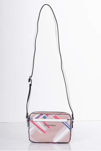 Дамска малка чанта в бежово и абстрактен цветен принт