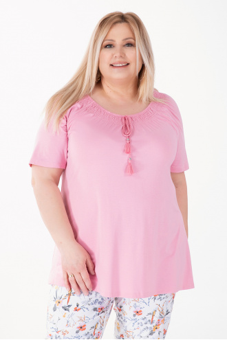 МАКСИ блуза в розово с ластик и връзка на деколтето