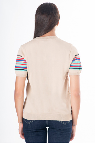 Дамска блуза в бежово с цветни ленти