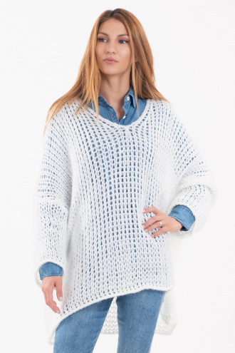 Дамски широк пуловер от грубо плетиво в бяло