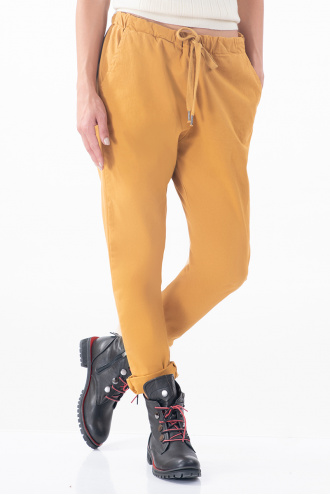 Дамски памучен панталон с връзка в цвят горчица