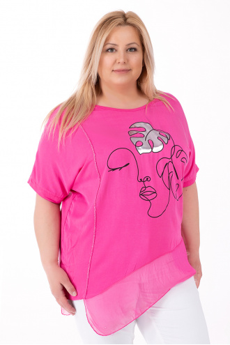 МАКСИ ефирна блуза в цикламено розово с щампа лице с листо