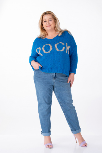 МАКСИ пуловер от едро плетиво в синьо със златист надпис