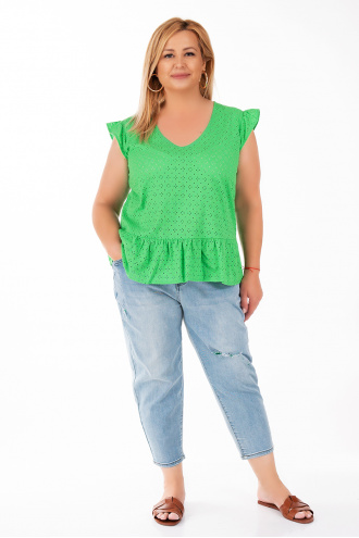 МАКСИ блуза от памук в зелено с рязана бродерия