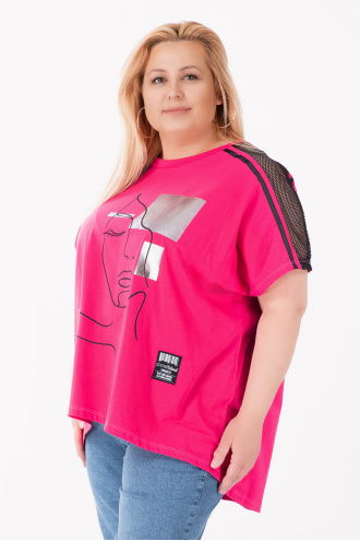 МАКСИ блуза от памук в цикламено розово с черна мрежа на раменете