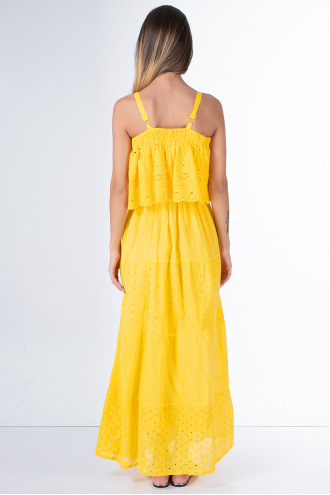 Дълга памучна рокля в жълто с волан по деколтето