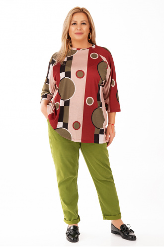 МАКСИ блуза тип туника в цвят бордо с принт точки и ленти в бежово