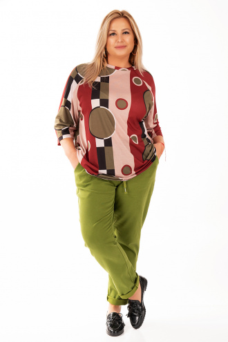 МАКСИ блуза тип туника в цвят бордо с принт точки и ленти в бежово