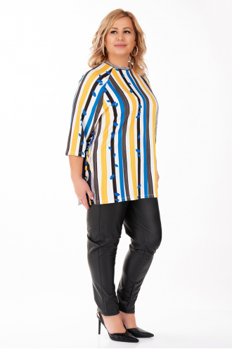 МАКСИ блуза от трико с вертикален принт в черно синьо и жълто