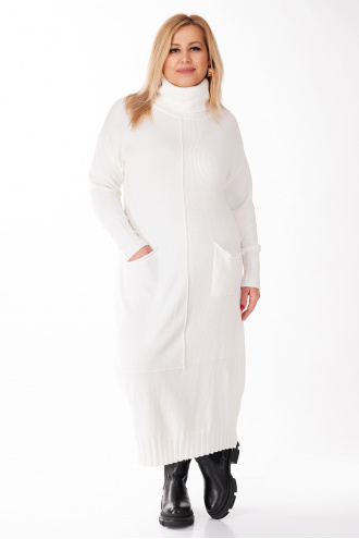 МАКСИ плетена рокля в бяло с поло яка и два джоба
