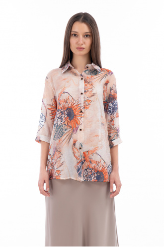 Дамска риза в бежово от фина материя с принт оранжеви цветя
