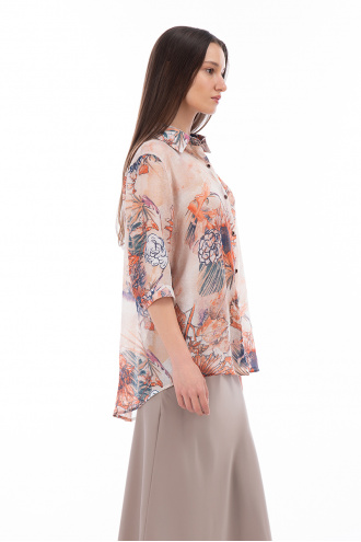 Дамска риза в бежово от фина материя с принт оранжеви цветя