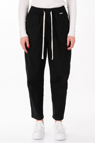 Дамски панталон от плътен памук в черно с ластик и връзки в талията