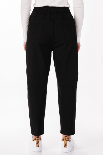 Дамски панталон от плътен памук в черно с ластик и връзки в талията