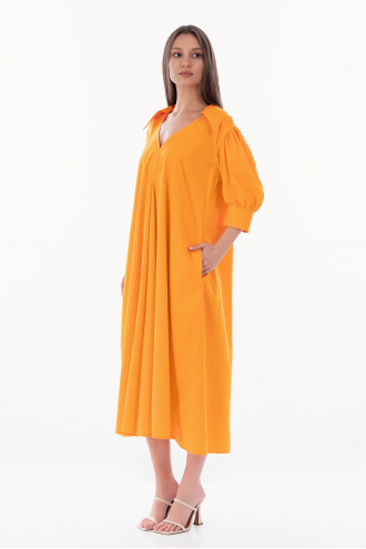 Миди рокля от памук в оранжево с къс буфан ръкав