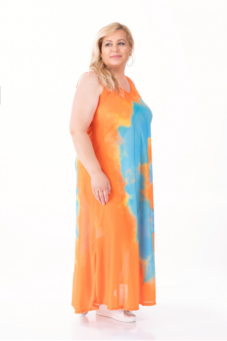 МАКСИ дълга рокля в оранжево с преливащи сини вълни