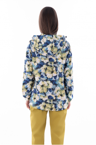 Дамско тънко преходно яке шушляк в синьо с принт бели и жълти цветя