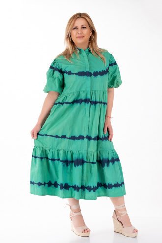 МАКСИ дълга рокля от памук в зелено с хоризонтални сини вълни