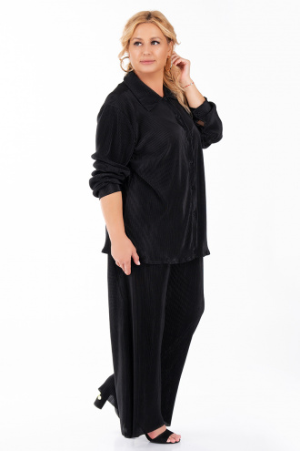 МАКСИ релефен сатениран комплект с риза и панталон в черно