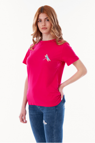 Дамска тениска '''Dragonfly'' в цикламено розово с бродерия водно конче