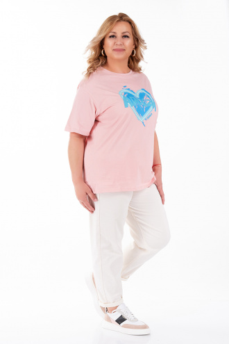 МАКСИ тениска в розово с щампа синьо сърце и релефен надпис