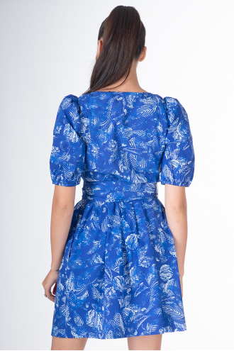 Дамска рокля от памук с синьо с флорален светъл принт