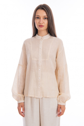 Дамска риза от лен и памук в бежово с широк ръкав