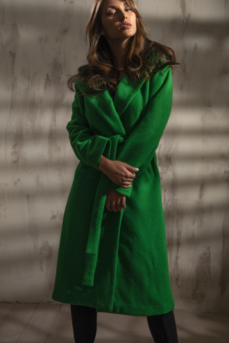 Дамско дълго палто в зелено с допълнителен колан