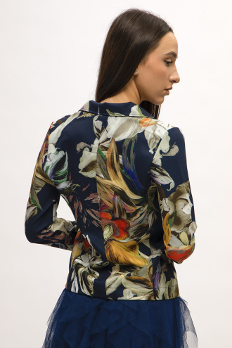 Дамско вталено сако в тъмносиньо с принт листа и цветя