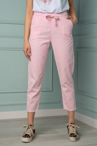 Дамски панталон от фин памук в розово с ластик и връзка