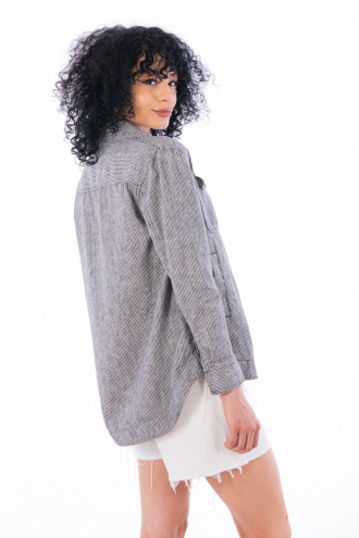 Дамско сако тип риза от памук и лен със сиво-бяло райе