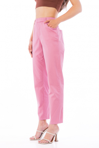 Дамски панталон от тънък памук в розово с ластик в талията