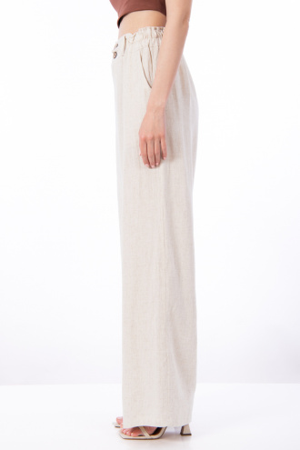 Дамски панталон от лен и памук в бежово с широк ластик на талията