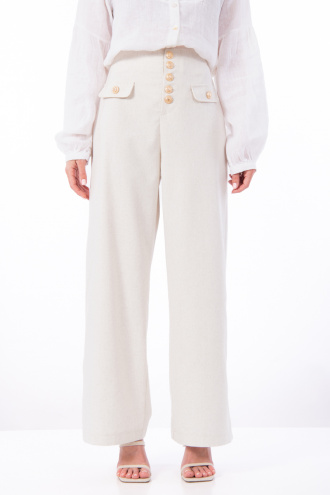 Дамски панталон от лен и памук в цвят екрю с висока талия и златни копчета