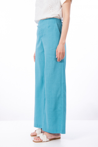 Дамски панталон от лен и памук в син тюркоаз с ластик на кръста