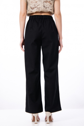 Дамски широк панталон от лен и памук в черно с ластик на кръста