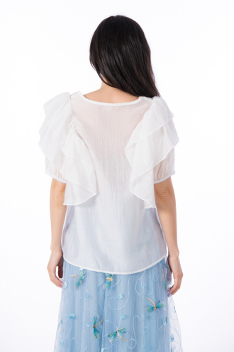 Дамска блуза от фина материя в бяло с къс ръкав и харбали