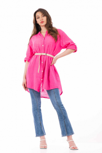 Дамска дълга риза от фин памук в цикламено розово с навиващ се ръкав