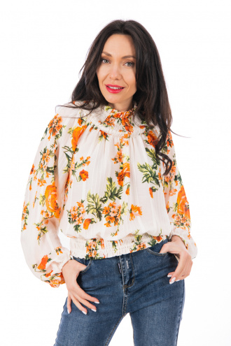 Дамска блуза в бяло с ластик по деколтето и долу, принт оранжеви цветя