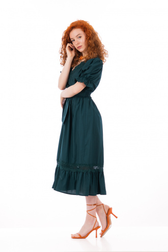 Миди рокля от памук в петролено зелено с къс буфан ръкав