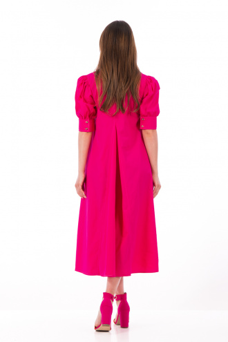 Миди рокля от памук в цикламено розово с къс буфан ръкав