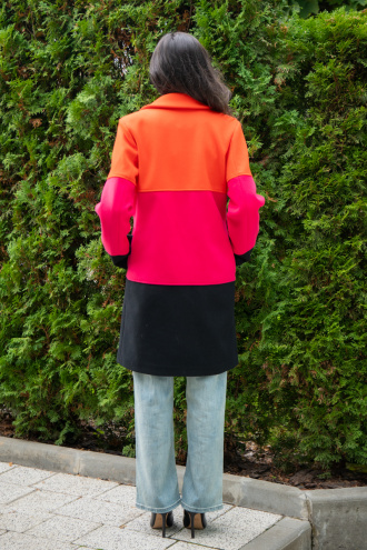 Дамско елегантно право палто в оранжево, цикламено и черно