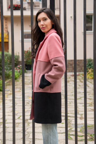 Дамско елегантно право палто в розово, пудра и черно