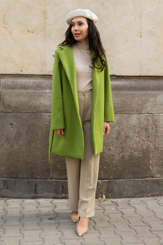 Дамско елегантно палто в цвят лайм с колан