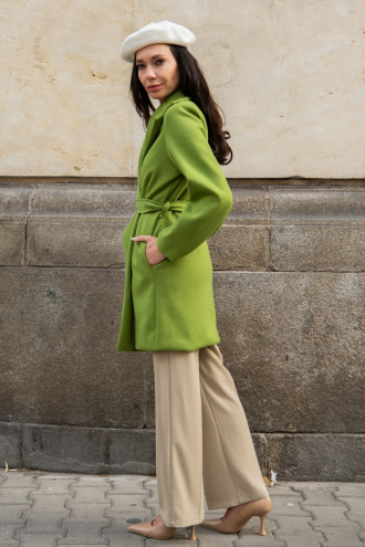 Дамско елегантно палто в цвят лайм с колан