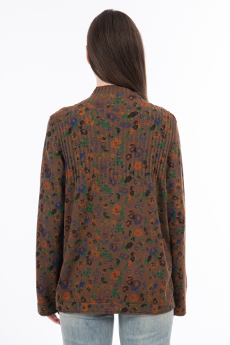 Дамски пуловер от фино плетиво в кафяво с цветен флорален принт