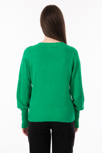 Дамски пуловер в зелено с копчета в края на ръкава