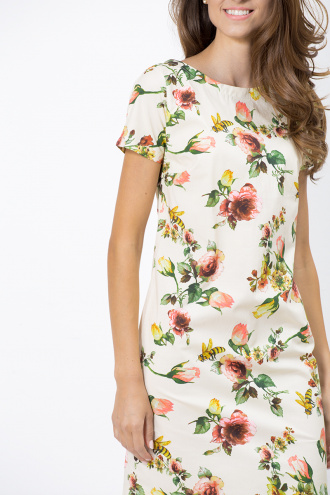 Дамска памучна рокля с десен акварелни цветя
