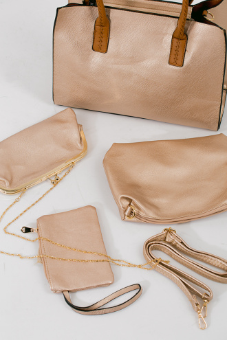 Дамска чанта в комплект от четири части в розово злато
