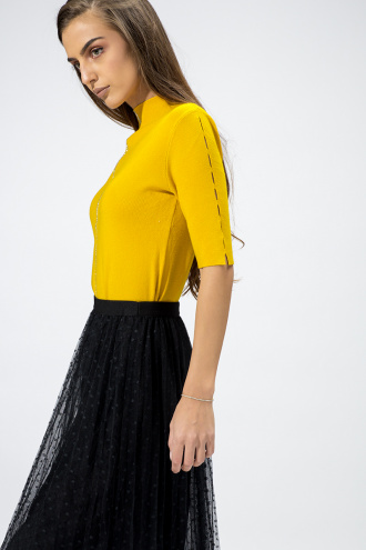 Блуза фино плетиво в жълто с 3/4 ръкав и камъни